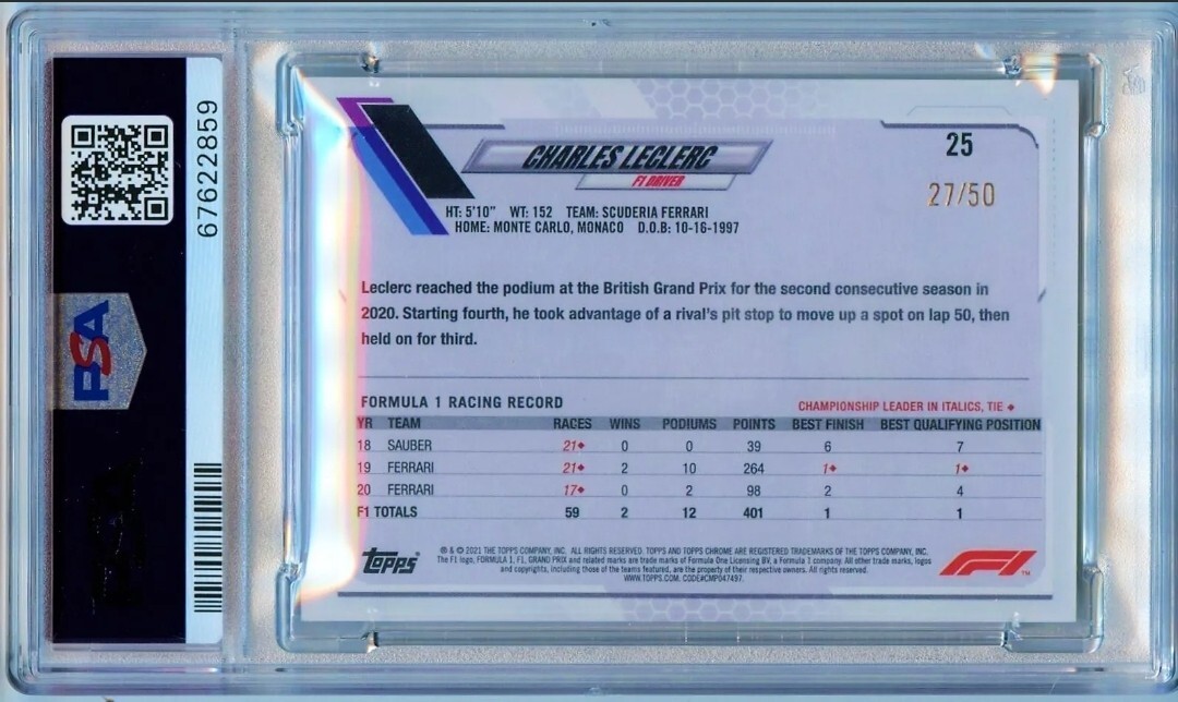 2021 TOPPS CHROME F1 #25 CHARLES LECLERC /50 TRUE GOLD REFRACTOR PSA 10 GEM SP view 2