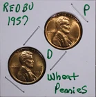 1957 P&D  LINCOLN WHEAT CENT PENNIES 1C RED BU SET (2 COINS)