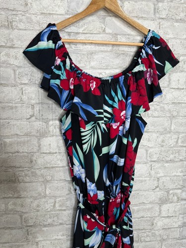 Tommy Bahama Jumpsuit Wide Leg Crop Size XL Black Tropical Off Shoulder Ruffle - Picture 5 of 15