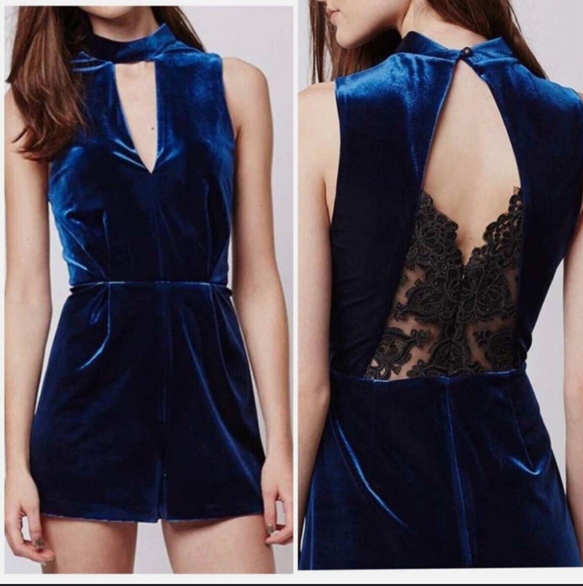 TOPSHOP BLUE VELVET BLACK LACE CUT-OUT ROMPER JUMPSUIT LOW BACK