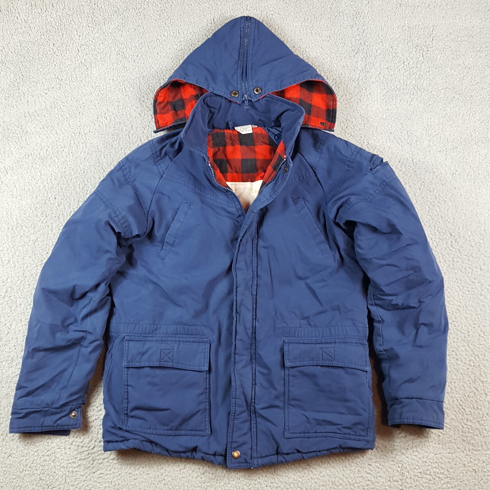 Vintage 80s Buffalo Plaid Flannel Lined Hooded Coat Jacket Size Medium