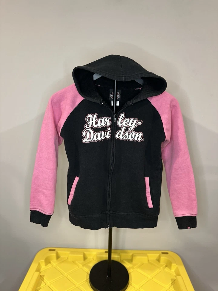 Sudadera Harley Davidson Niñas 10/12 Con Capucha Cremallera Completa Brillante Insignia Alas Rosa Foto 2 de 4