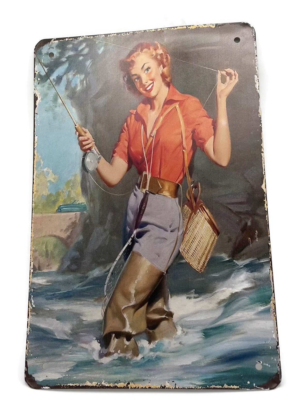Metal Sign Plaque - VINTAGE GIRL FISHING  - Wall Decoration Home Office Gym