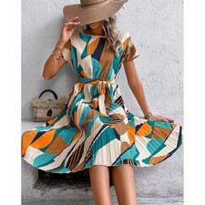 SHEIN cream and green geometric print pleated midi dress size medium M B161