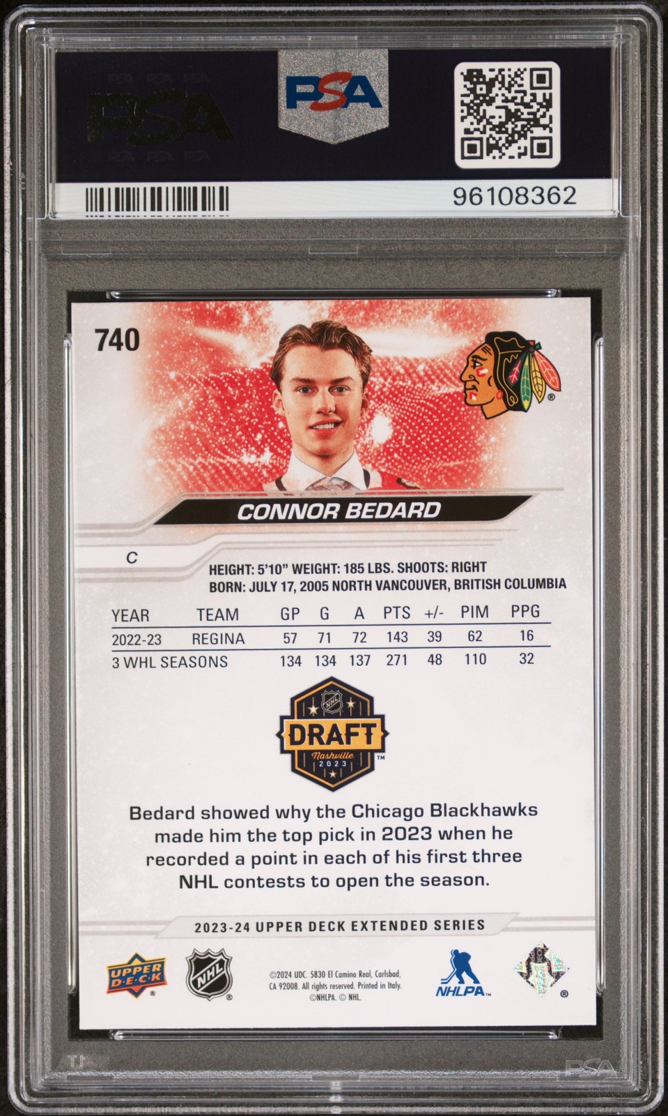 2023 UPPER DECK OUTBURST #740 CONNOR BEDARD ROOKIE RC PSA 10 view 2