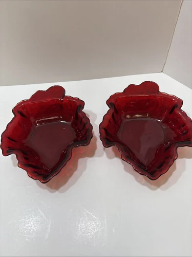 VINTAGE ANCHOR HOCKING RUBY RED MAPLE LEAF CANDY DISH Lot of 2