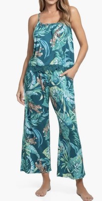 NWT In Bloom by Jonquil Women's S Cropped Knit Pajama Pants Set Green w Leopards