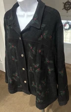 Beautiful CJ Banks Jacket Black w/ Holly & Beerries Button Front Ladies Sz 2X