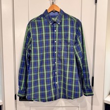 Chaps Mens Dress Shirt sz LG Green Blue Plaid Stretch Fit Easy Care Button Down