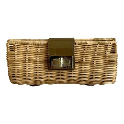 Crew Natural Rattan Tan Leather Strap Gold Tone Turn Lock