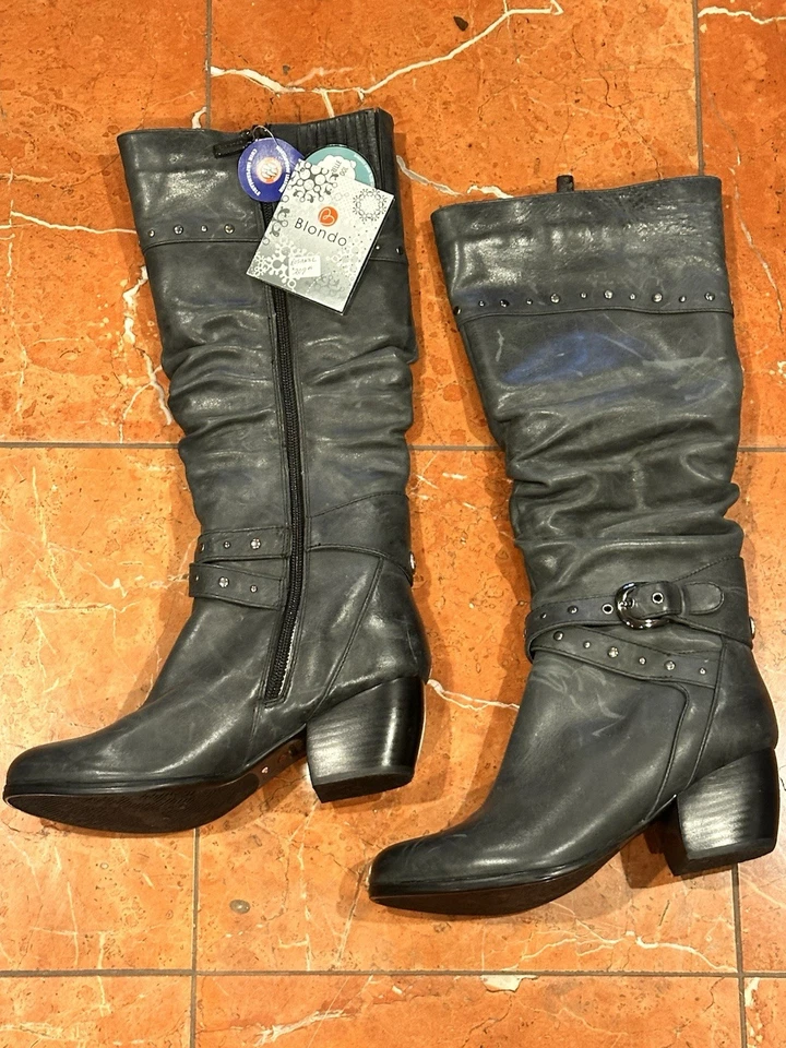 BLONDO ROSANNE 蓝色皮革及膝高筒靴跟 7.5 M 羊毛衬里防水新品 — 第 4/4 张图片