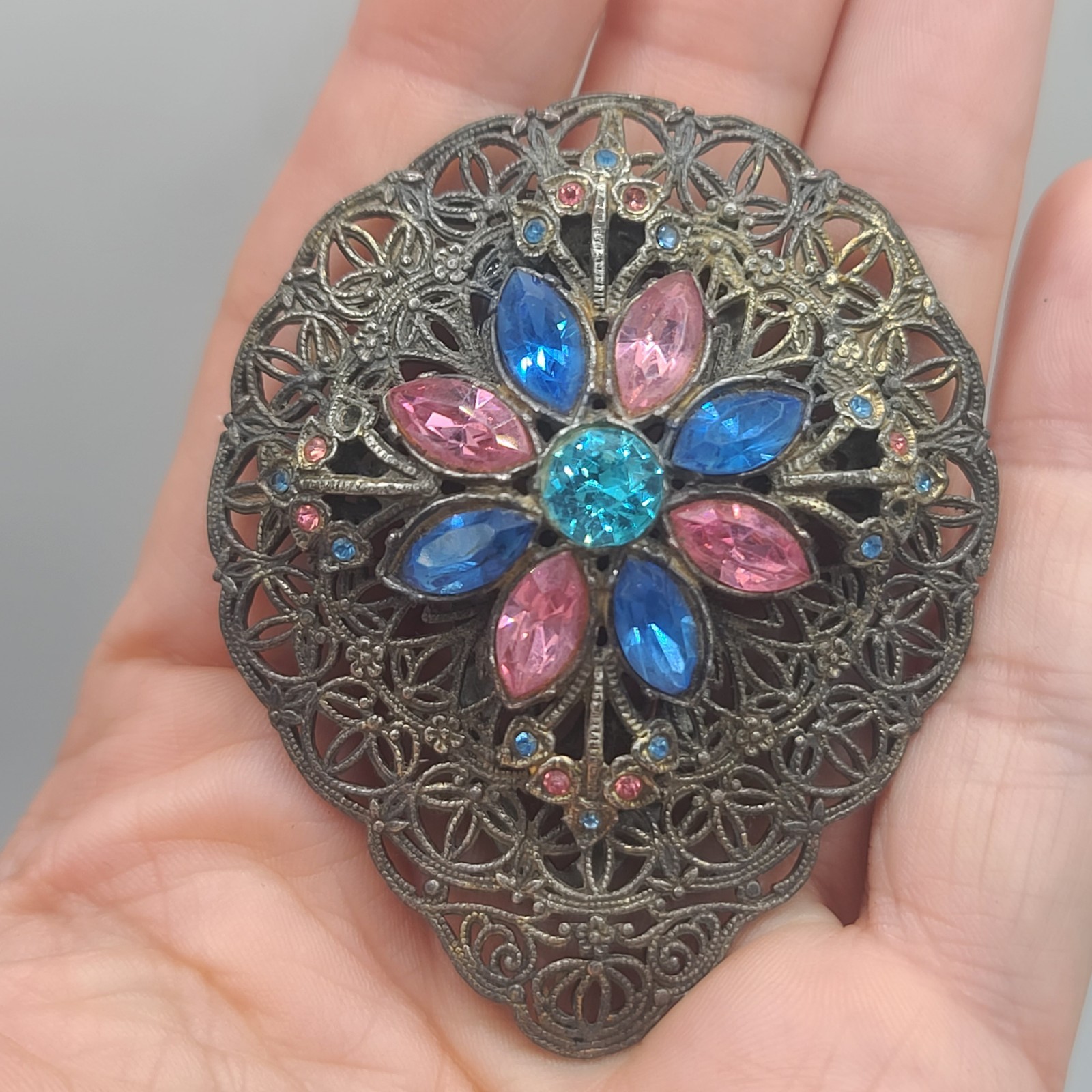 Vintage Rhinestone Dress Clip Pastel Blue Pink Silver Tone