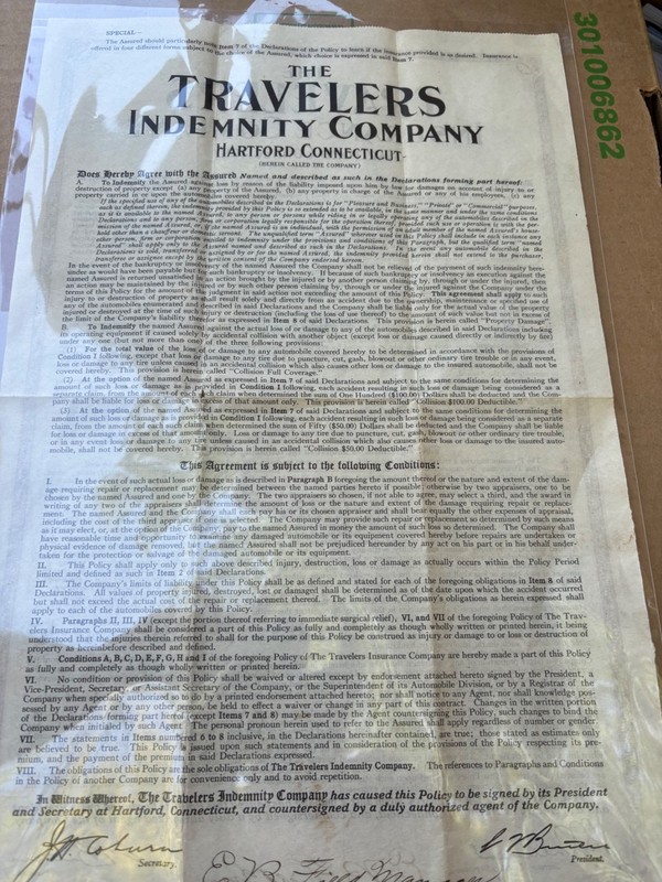 Vintage The Travelers Indemnity Co. Insurance Contract