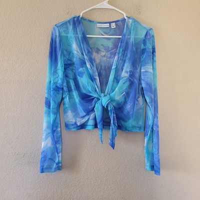 Tie Front Top Womens M Blue Mesh Long Sleeve Crop Boho Retro Festival Indie Y2k