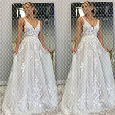 Beach Boho Wedding Dresses V Neck Tulle Lace White Ivory Sleeveless Bridal Gowns