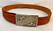 Vintage Mens Live Oak Leather Floral Tooled Belt Size 38 Silver Tone Belt Buckle