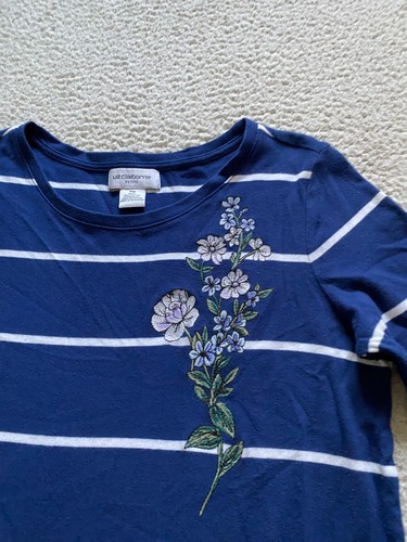 Liz Claiborne Women Striped Floral 3/4 Sleeve Crew Neck Blouse Blue Petite PM - Picture 4 of 8