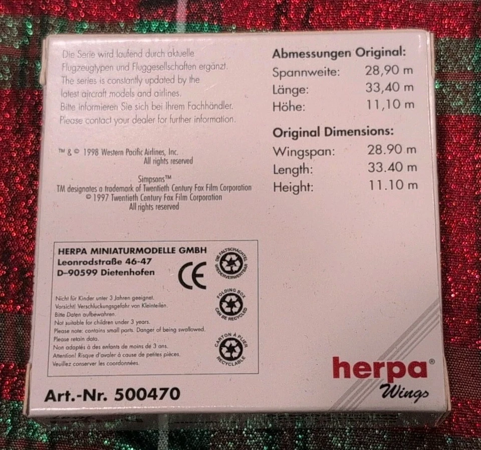 Herpa Western Pacific Airlines Boeing 737-300 Simsons # 500470~ Old Store Stock - Image 2 of 4