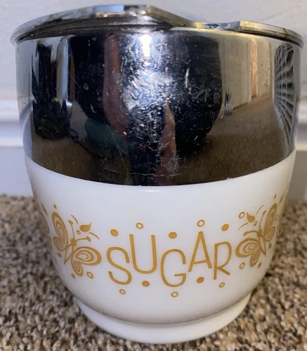 Vintage Gemco Milk Glass Butterfly Gold Sugar Bowl with Lid - Retro Kitchenware