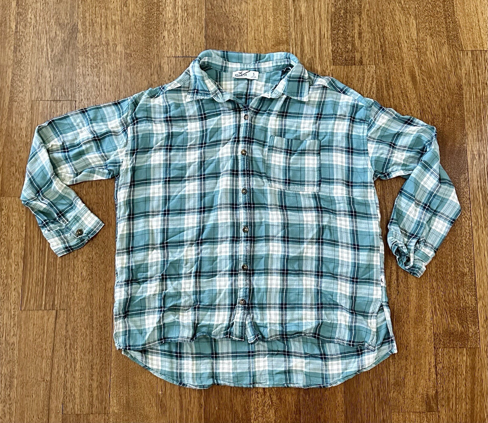 Hollister Boyfriend Oversized Button-Down Long Sleeve Shirt Plaid Green/White S