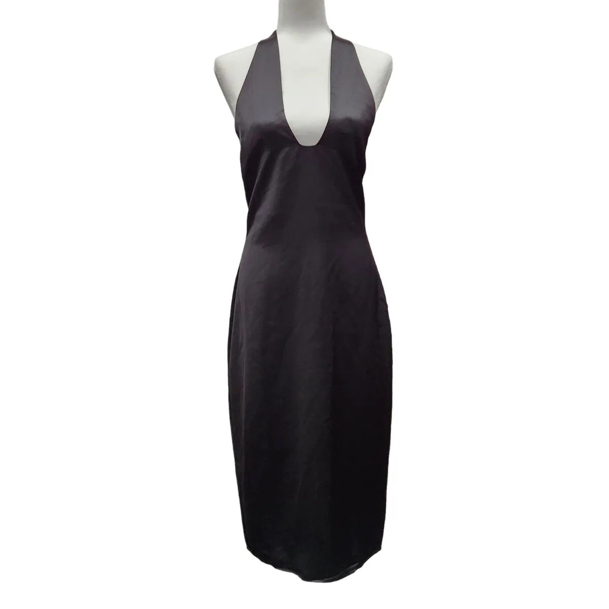 knee length dresses for ladies Jasmine Halter Midi Dress ~ Black Luxe Satin