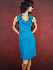 Vintage Evan-Picone Sleeveless Knee-Length Classic Tweed V-Neck Ruffle 12 Teal