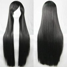 Black Straight Sleek Long Full Hair Wigs w Side Bangs Cosplay Costume Womens