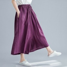 Lady Loose Pants Wide Leg Trouser Linen Blend Retro Elastic Waist Casual Baggy