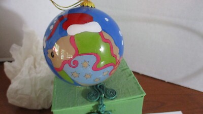 LI BIEN~FISH & SEAHORSE w/ SANTA HATS Blown Glass Christmas Ornament~Padded Box