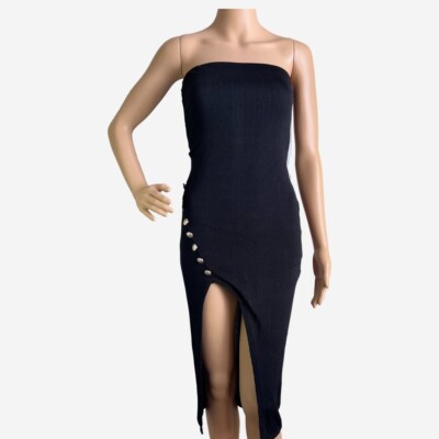 Strapless Fitted Knee Length Bodycon Midi Tube Dress Thigh Split Dress |  eBay
