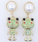 Gold tone green crystal frog dangle earrings