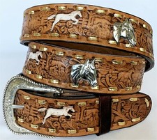 WESTERN BELTS 50 Brown Leather Horsehead Conchos Embossed Running Horses NWOT 