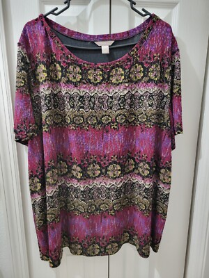 White Stag Tunic Top Textured Stretch Short Sleeve Purple Black Gold Womens 4X