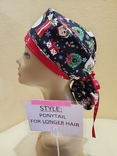 Merry Snowman Christmas Women's Ponytail Surgical Scrub Hat/Cap Handmade