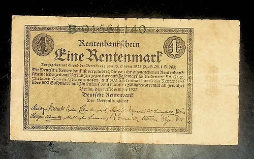 1923 Germany 1 Rentenmark Banknote - Picture 1 of 2