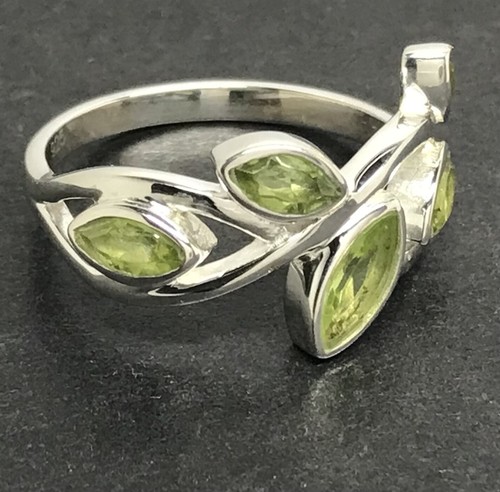 Peridot gemstone multistone ring, solid Sterling Silver, leaves, new, marquise. - Picture 2 of 10