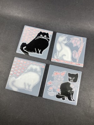 Set of 4 Studio Art Black & White Cats Glazed Ceramic Tile Coasters
