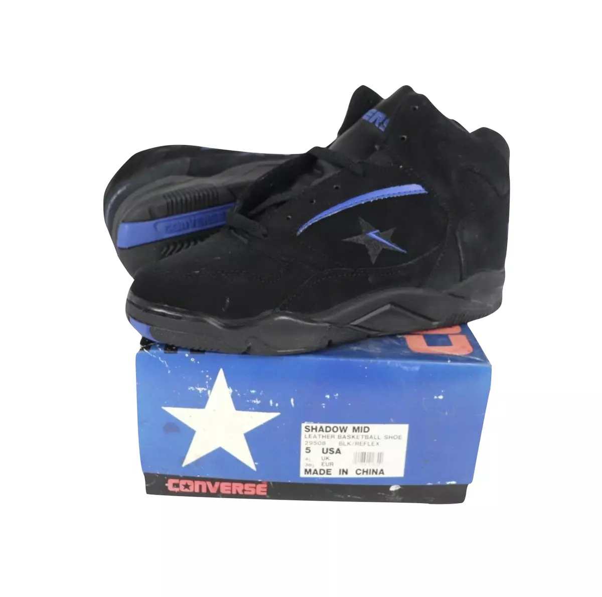 cuenco Subir y bajar Cabecear NOS Vintage 90s Converse Youth 5 Shadow Mid Basketball Shoes Sneakers Black  Blue | eBay