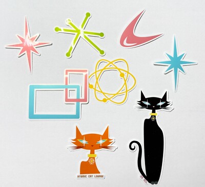 Set 8 Atomic Mid Century Symbol Vinyl Stickers - Starburst Atom Black Cat