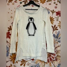 LC Lauren Conrad XS Sweater Ivory Sheer Knit Jewel Crown Penguin Winter Spring