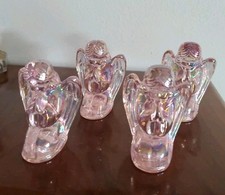 4 Vintage Carnival Glass Pink Iridescence Praying Angels Figurines Kneeling 