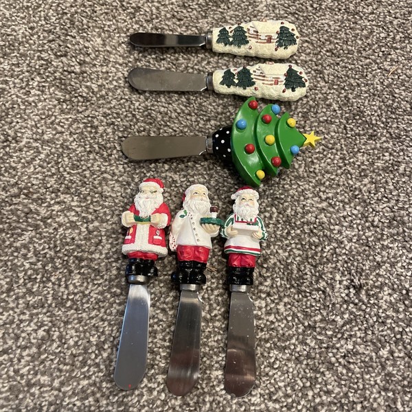 Cuchillos esparcidores de mantequilla/queso de Papá Noel de Navidad de acero inoxidable - Lote de 6
