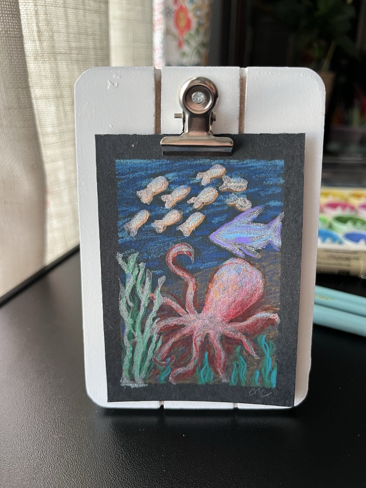 ACEO original underwater octopus watercolor illustration four.stories.workshop