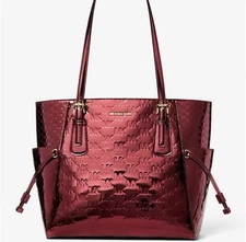 Michael Kors Voyager Women Large Metallic Logo Debossed Tote Shoulder Bag Cherry