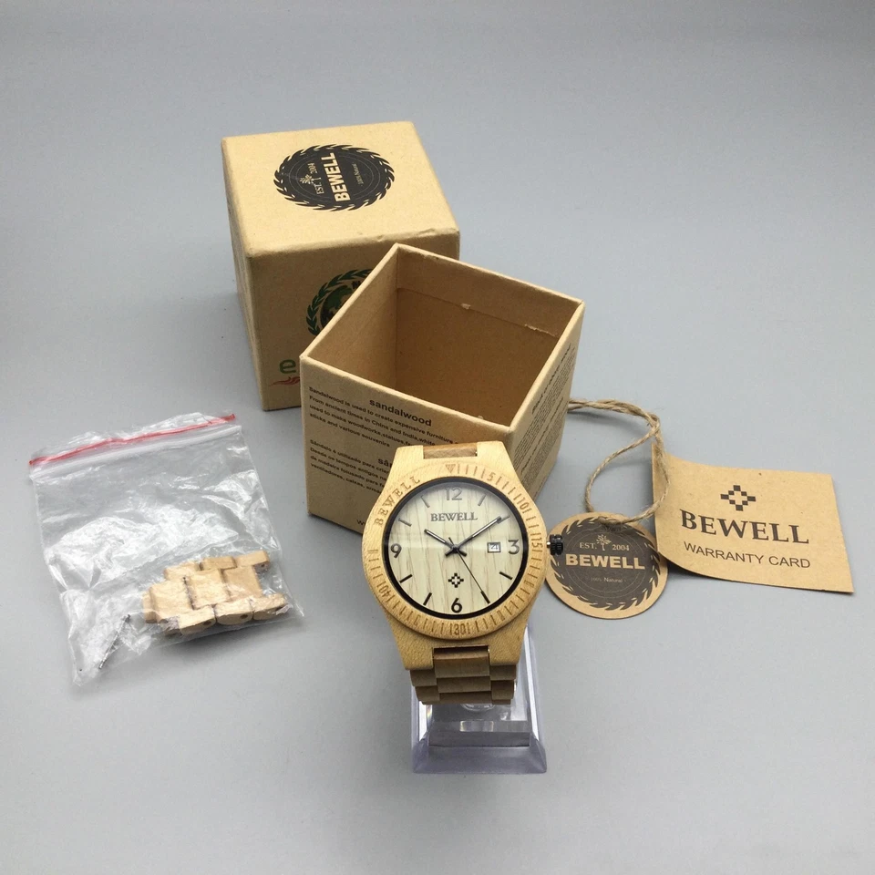 Reloj BEWELL Madera de Arce Hombre 44mm Caja Fecha Natural Eslabón Extra Batería Nueva 6.25" Foto 2 de 4