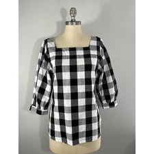Time and Tru Black & White Buffalo Check Womens Top S Square Neck Cotton Linen