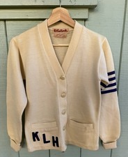 Vintage Lasley Knitting Co Sweater Womens Small Ivory Varsity Letterman Cardigan
