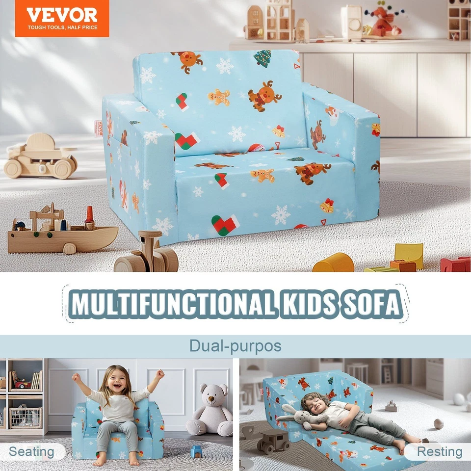 Tumbona y sofá cama convertible 2 en 1, silla plegable para niños pequeños, azul cielo Foto 2 de 4