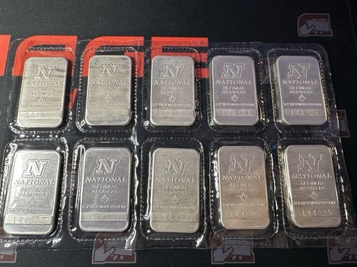 (10) Bar Lot Vintage 1 Troy Oz .999 Fine Silver National Refiners Sealed 10oz