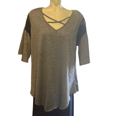Curve Gray Marled Lattice V-Neck Lace Shoulder Top 1XL